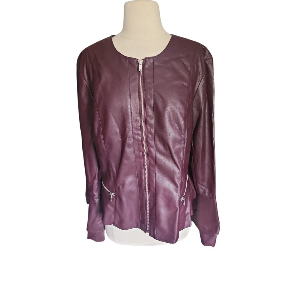 I.N.C. International Concepts Faux Leather Jacket Womens XL Eggplant Ruffle Hem